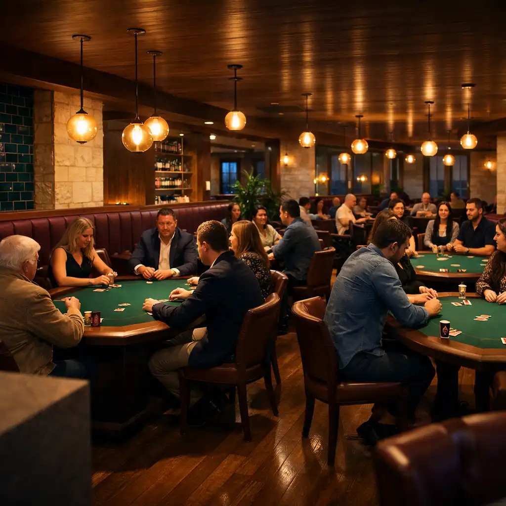 A panorama of the Card Lounge in the evening with groups seated at poker tables.