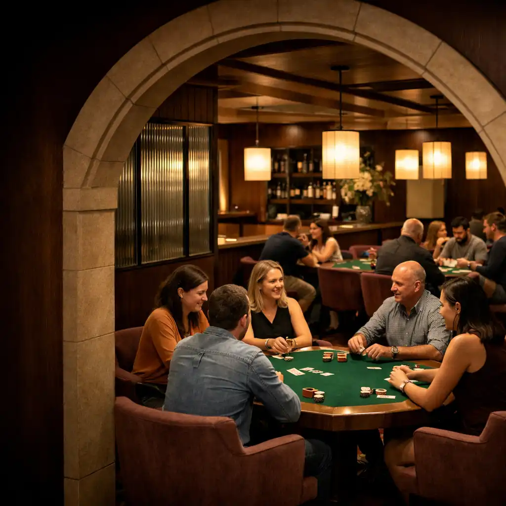 Guests gathered around live poker tables in the warm atmosphere of the Card Lounge.