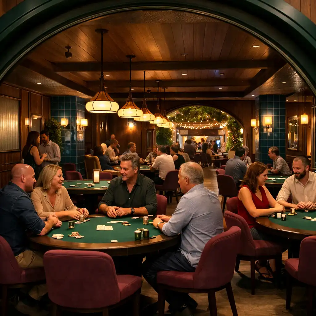 A wide view of poker tables lined up in the Card Lounge.