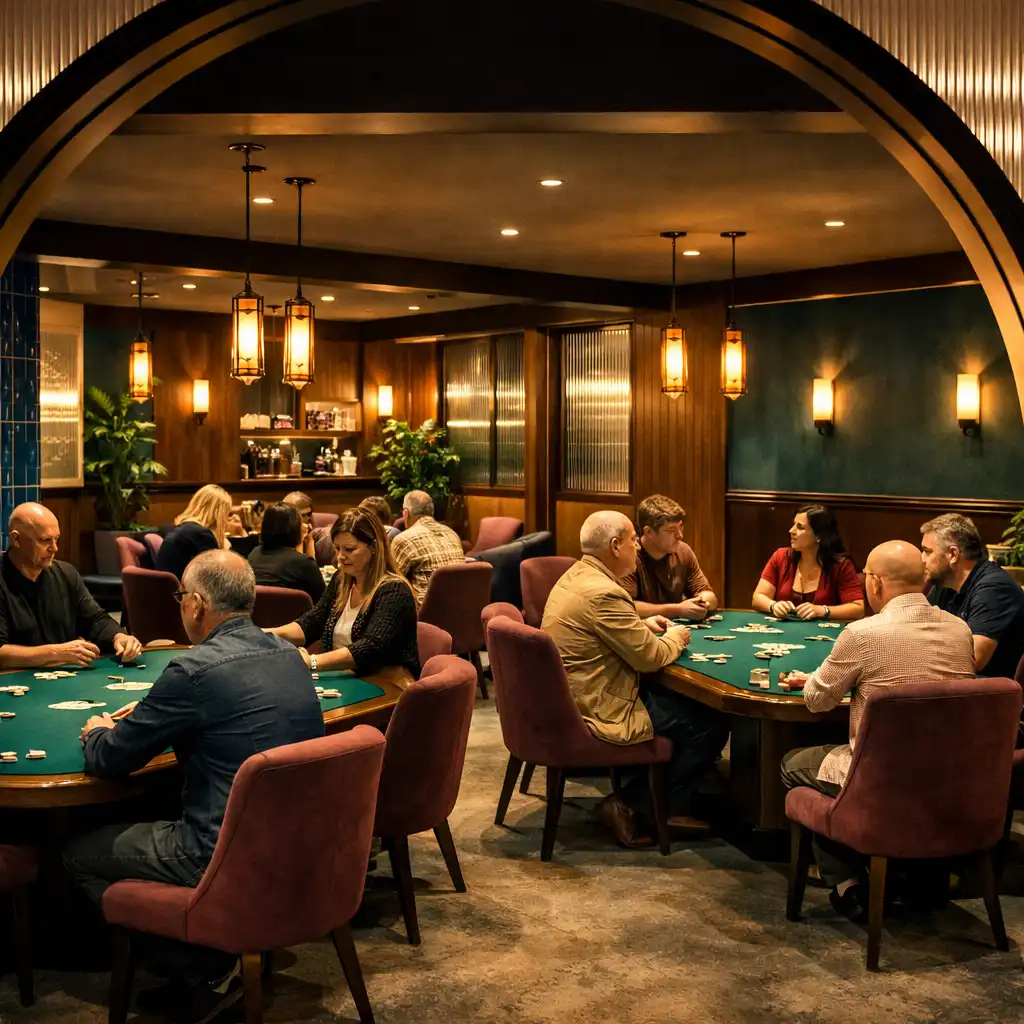 Several complete jade-felt poker tables with groups of people seated face to face in the Card Lounge.