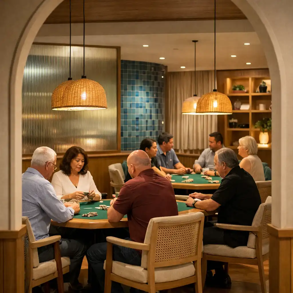 A panorama of the Card Lounge with poker tables, warm lighting and textured materials.