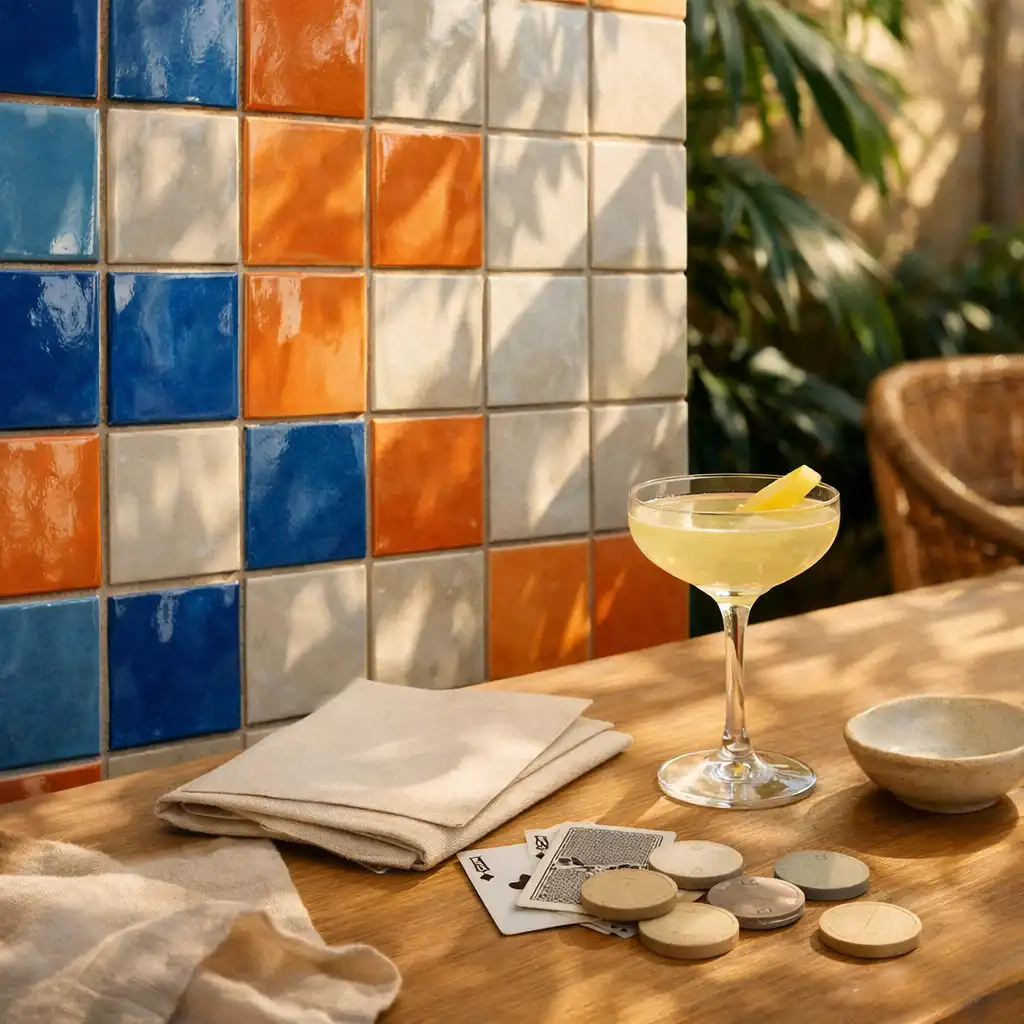 Ceramic plaques beside a timber table with a cocktail, folded menu, playing cards and neutral poker chips