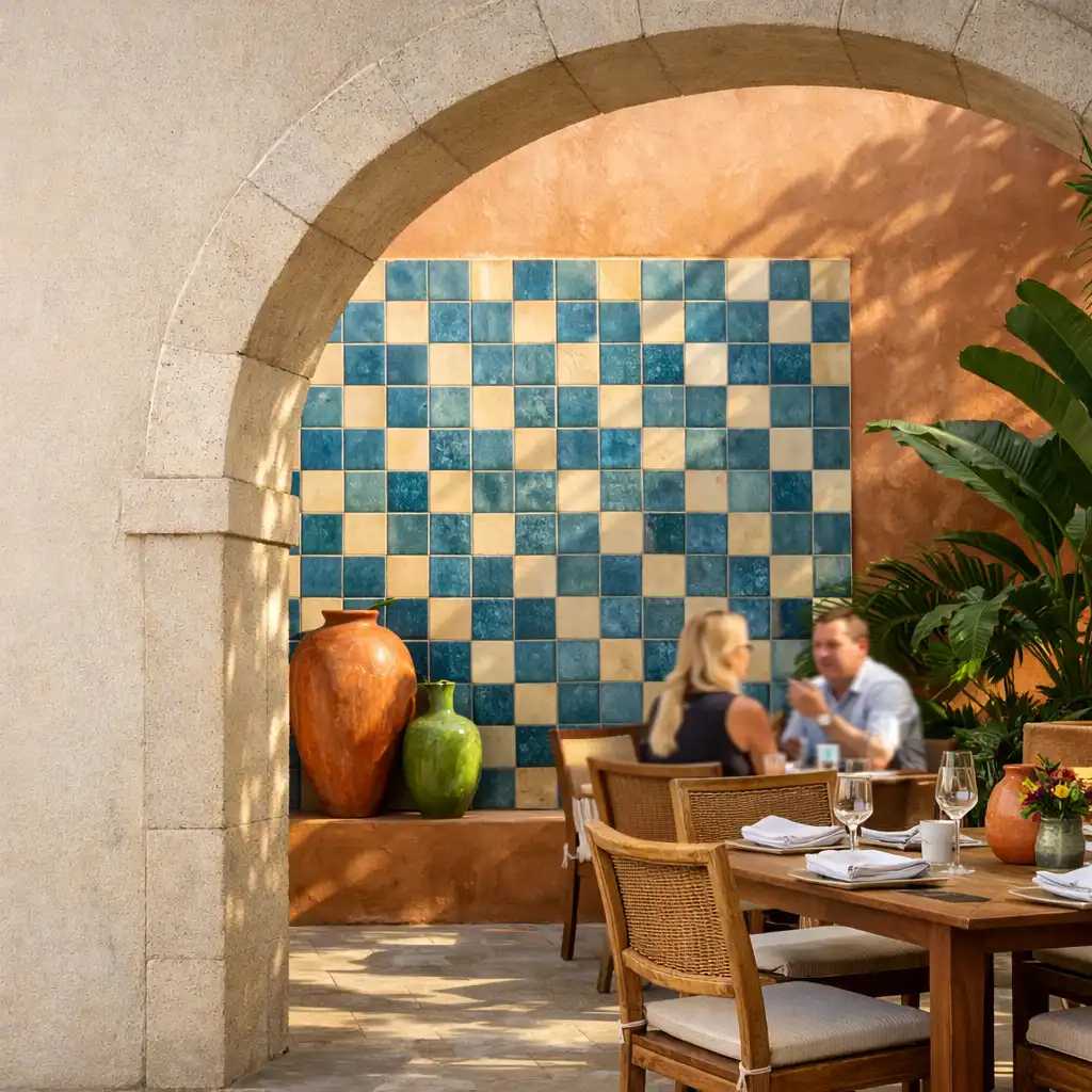 Sunlit courtyard dining table beside a blue and cream tiled wall