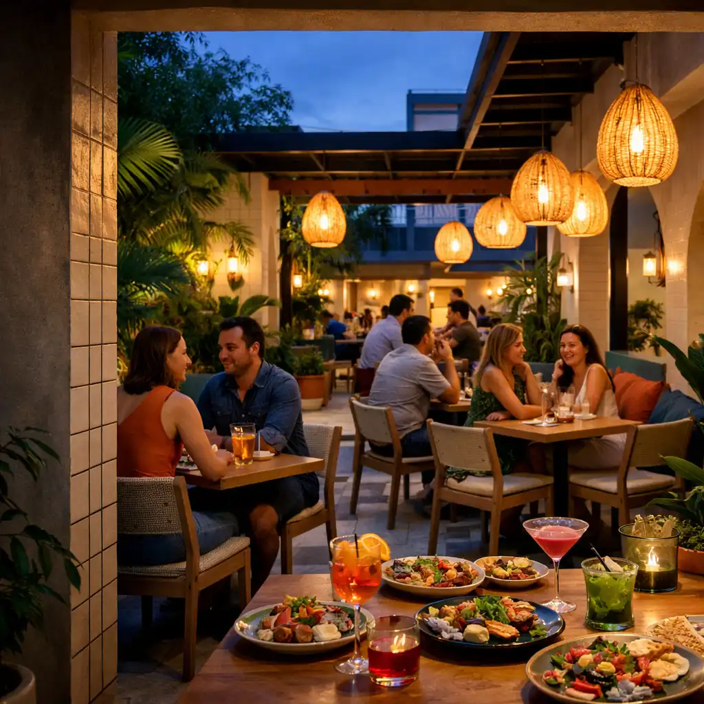 A warmly lit Brisbane restaurant courtyard with diners, colourful dishes and greenery after sunset.