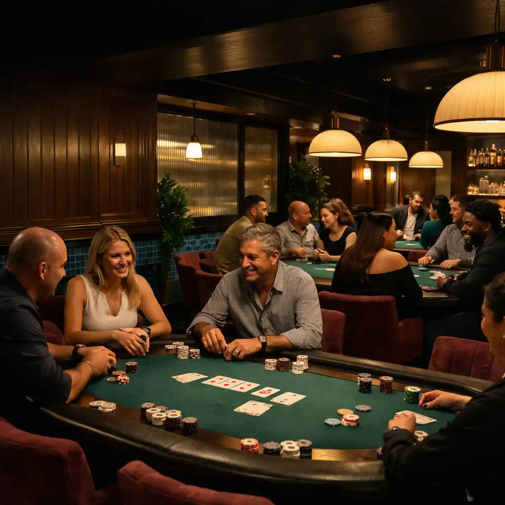 Groups gathered around several physical poker tables in the Casa da Diversao Card Lounge