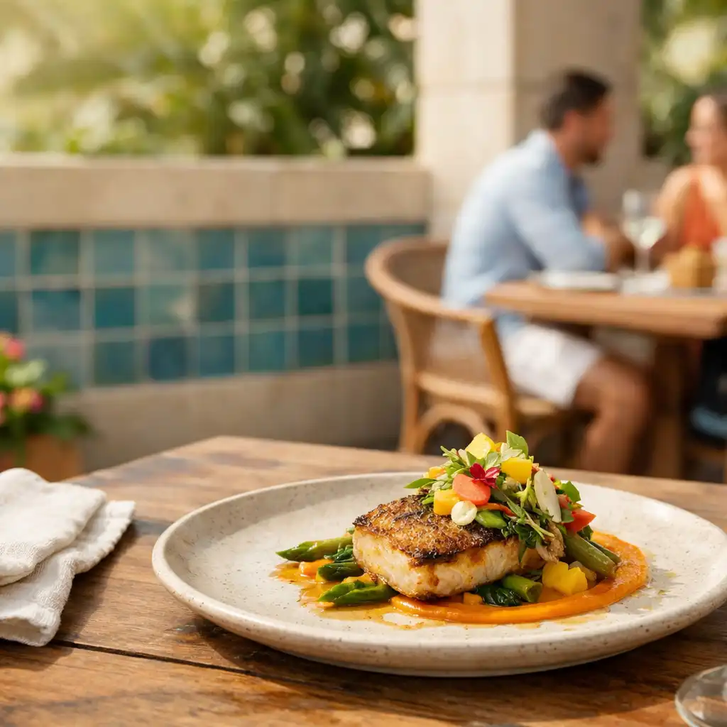 A colourful contemporary dish on a courtyard table at Casa da Diversao.