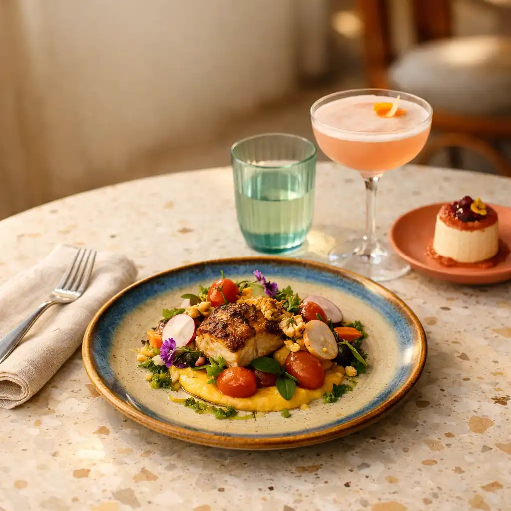 A contemporary plated dish on the table with cocktail and dessert detail.