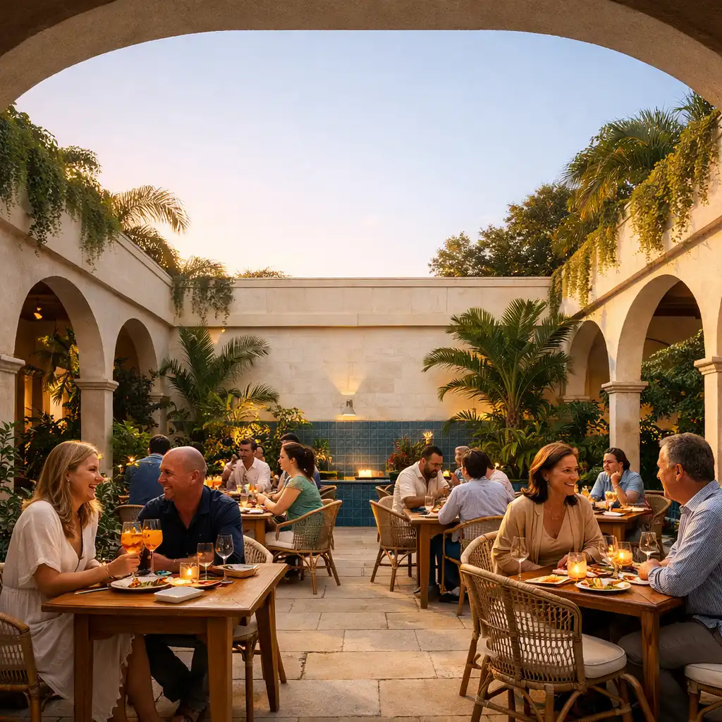Guests dining together in a subtropical courtyard beneath architectural arches.