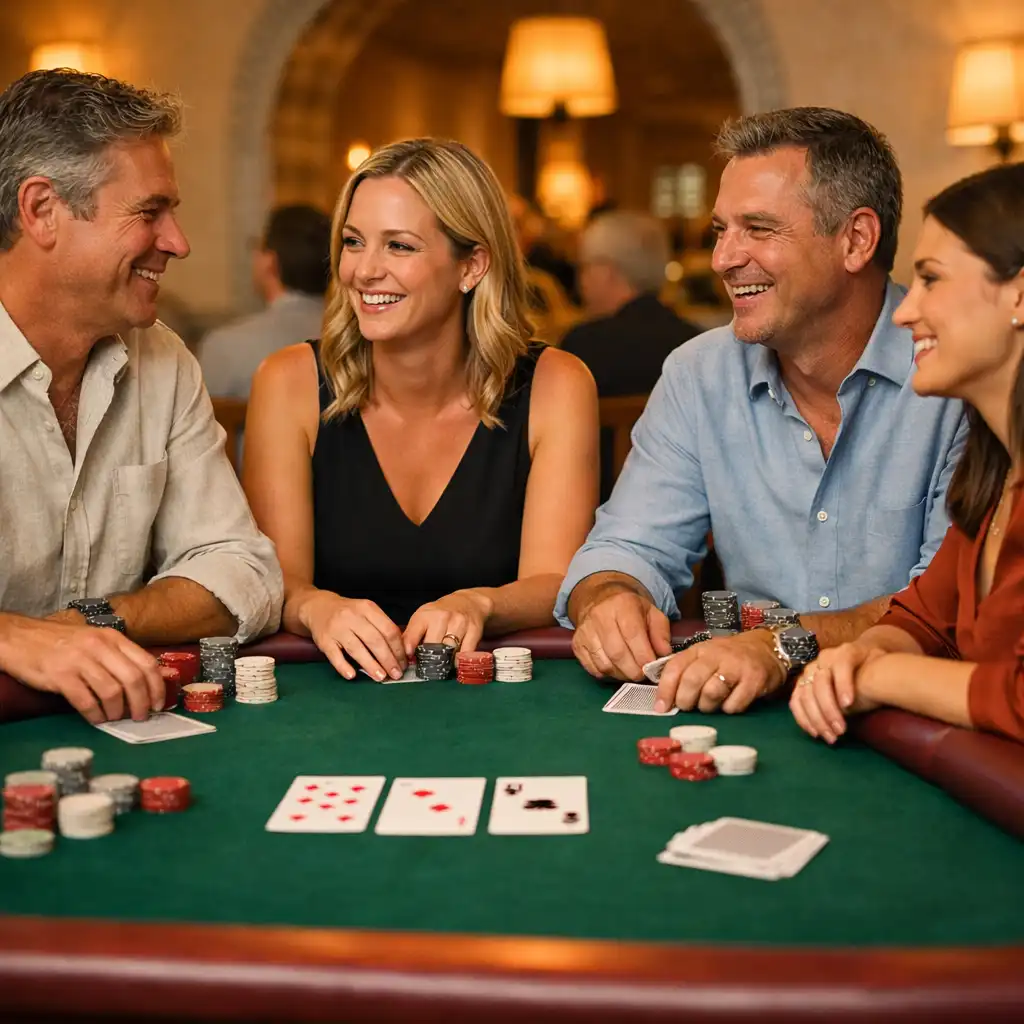 Two players facing each other across a poker table covered in playing cards and neutral chips.