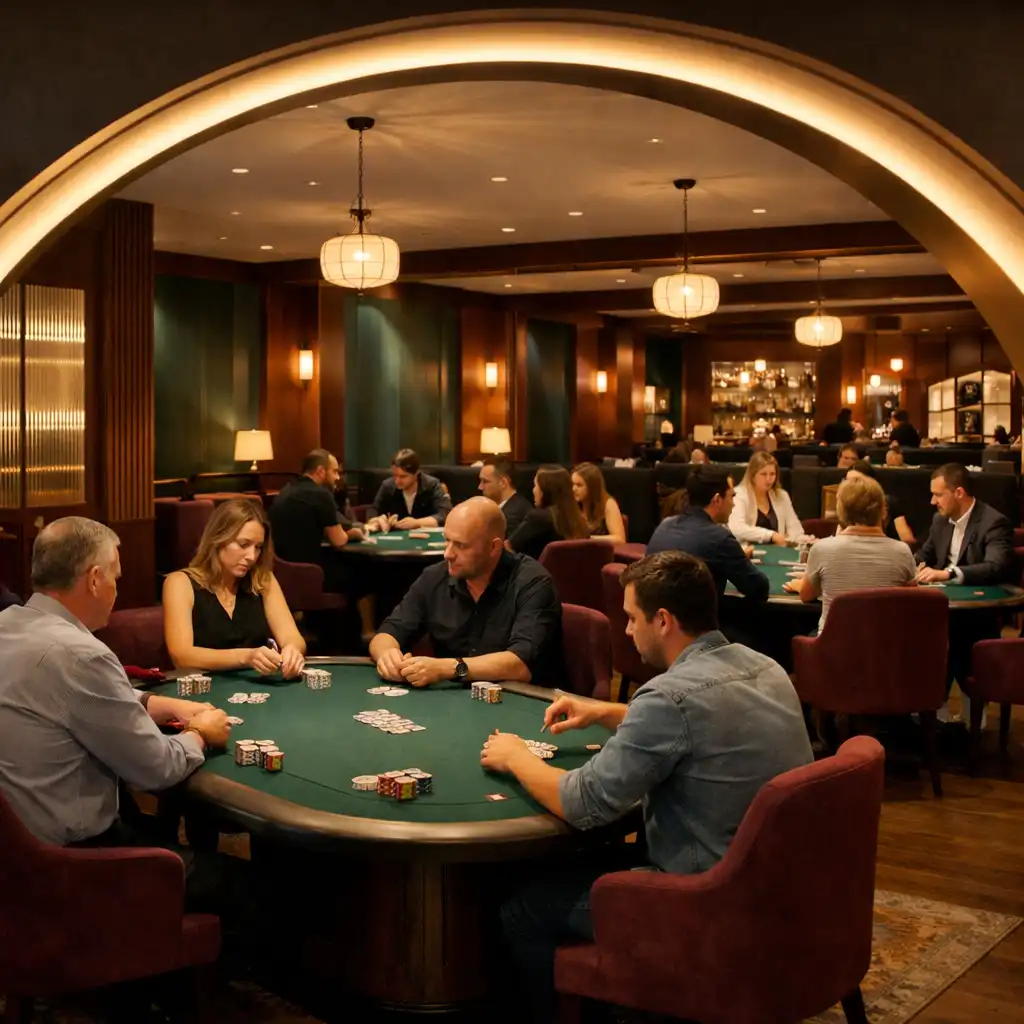 Several physical poker tables with face-to-face players in the Card Lounge.