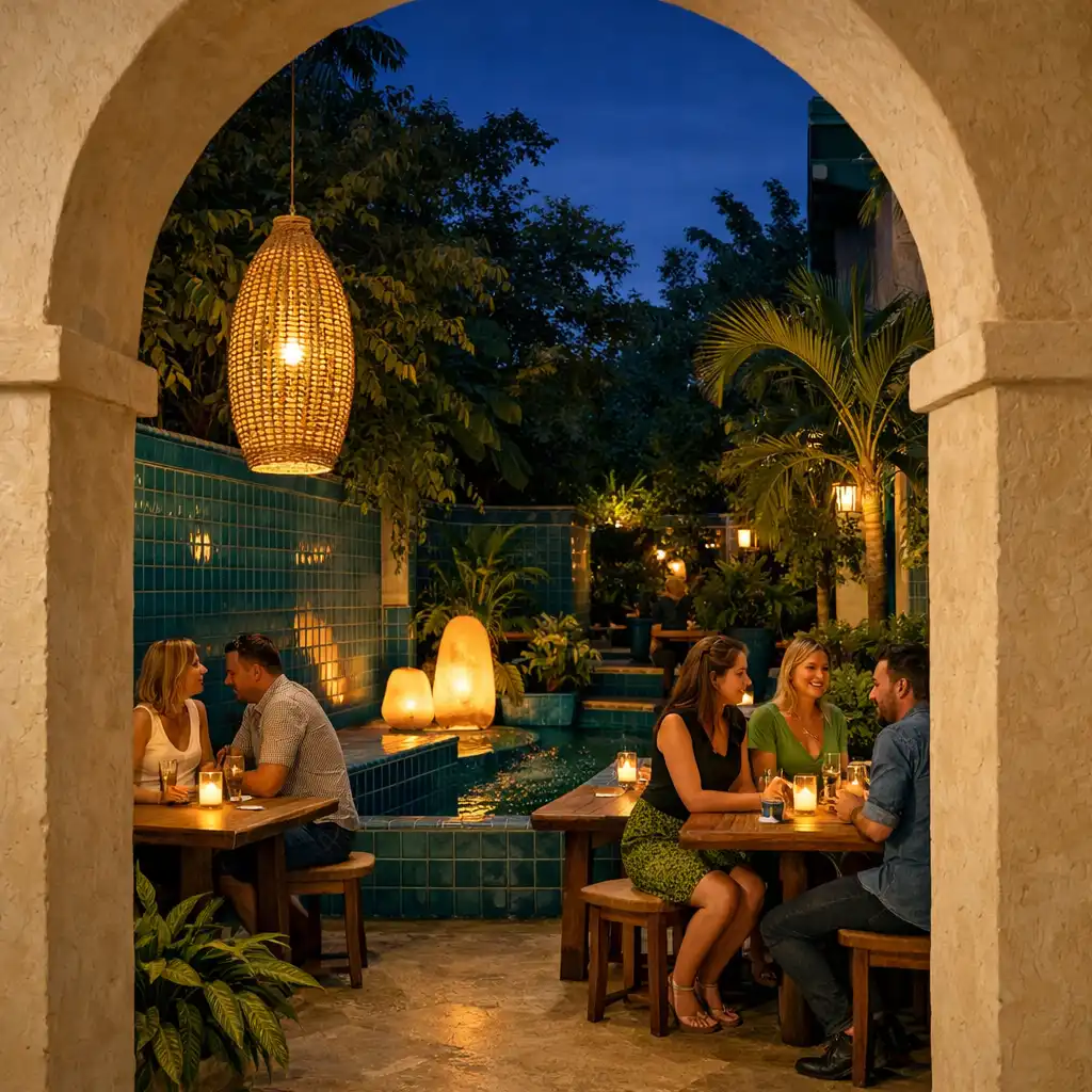 A tiled and green courtyard viewed through a cream arcade arch at blue hour.