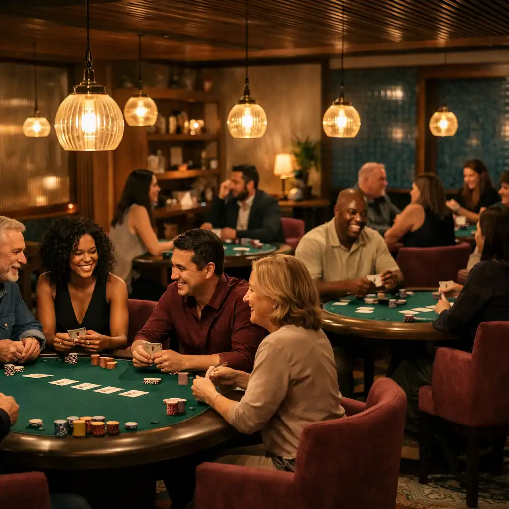 People in conversation around poker tables in the Card Lounge.