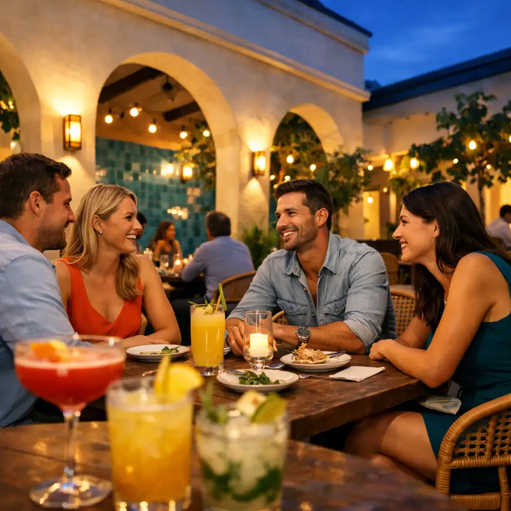 Cocktails on a courtyard table surrounded by plants and tiles.