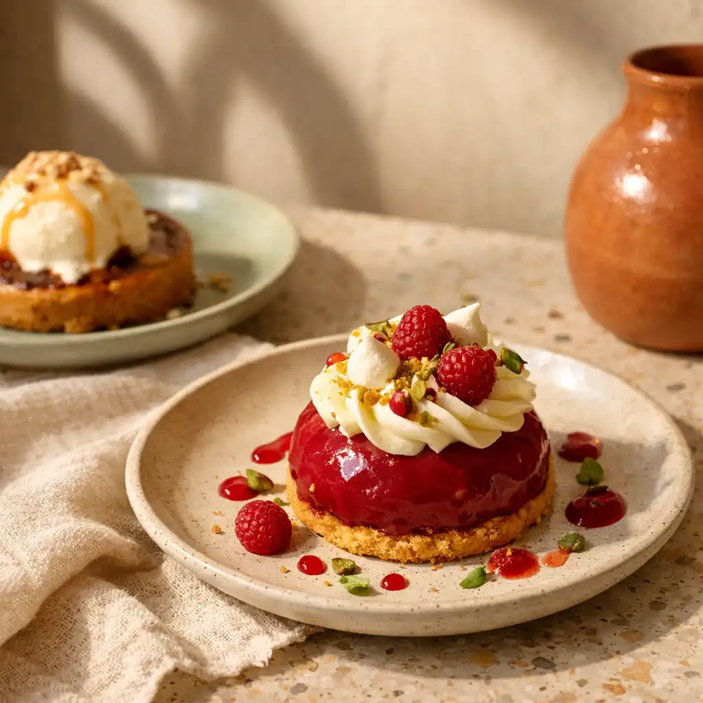 A colourful dessert on a light timber table in a relaxed restaurant setting.