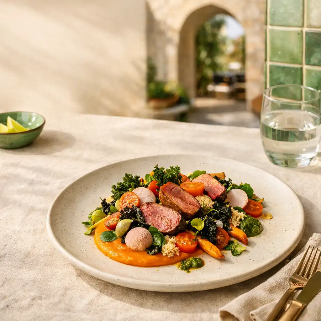 A signature dish presented with bright seasonal colour and texture.