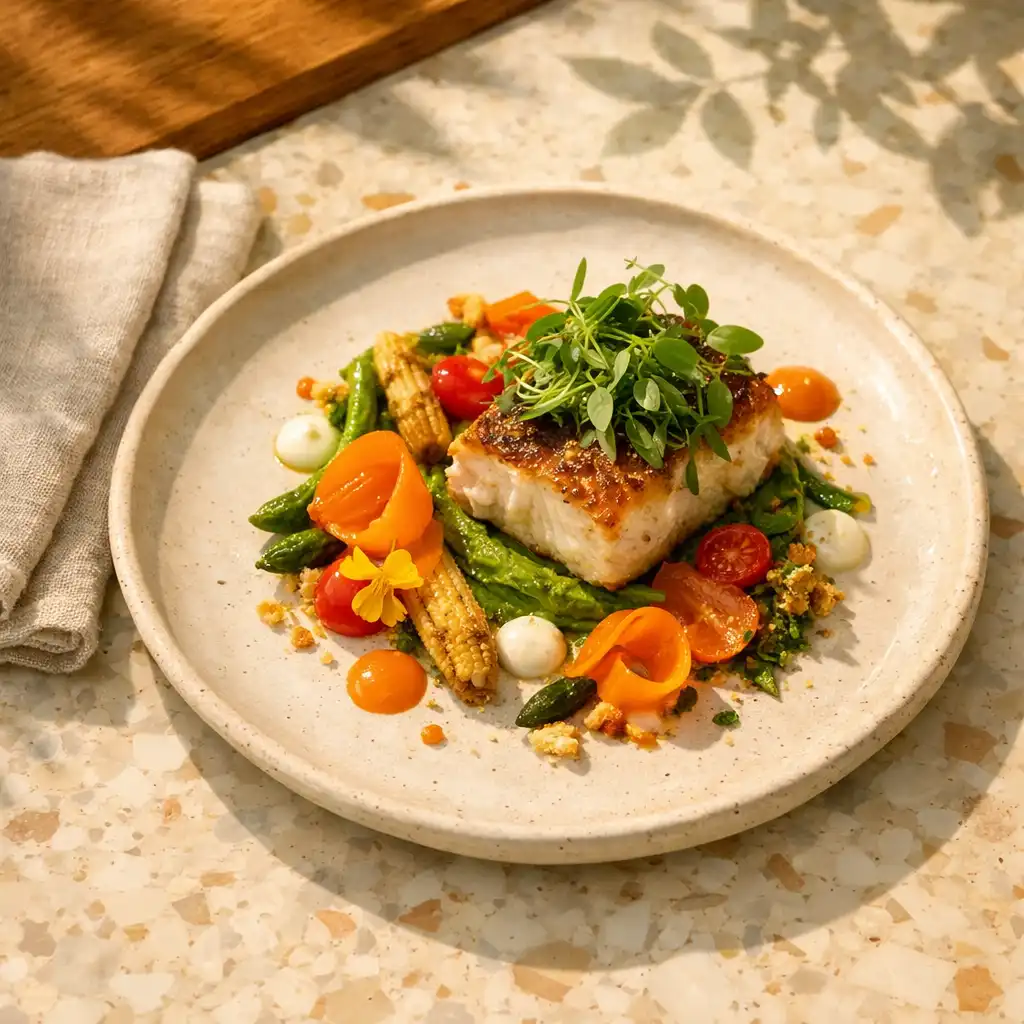 A savoury signature plate composed with colour and texture.