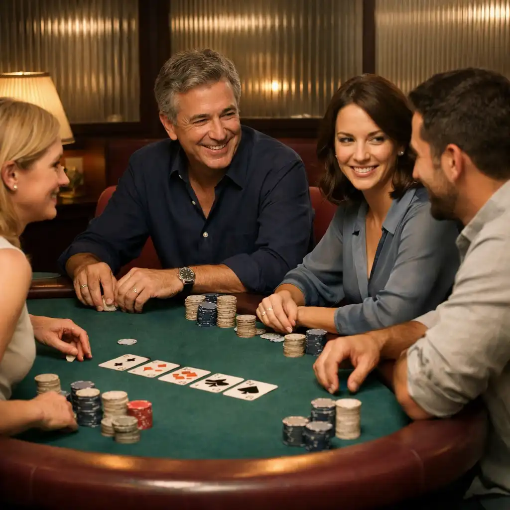 A Texas Hold’em evening table set in the Card Lounge with warm light.