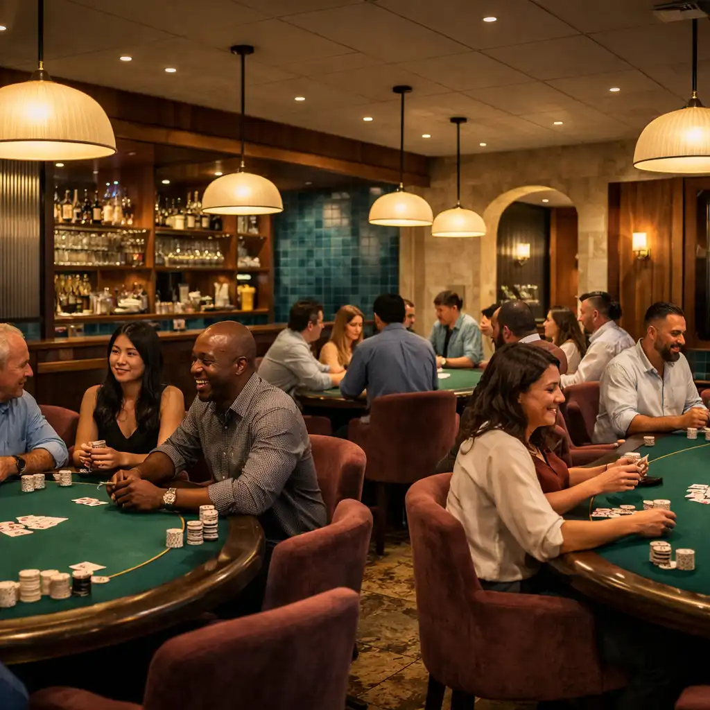 A panorama of the Card Lounge arranged for offline poker around real tables.