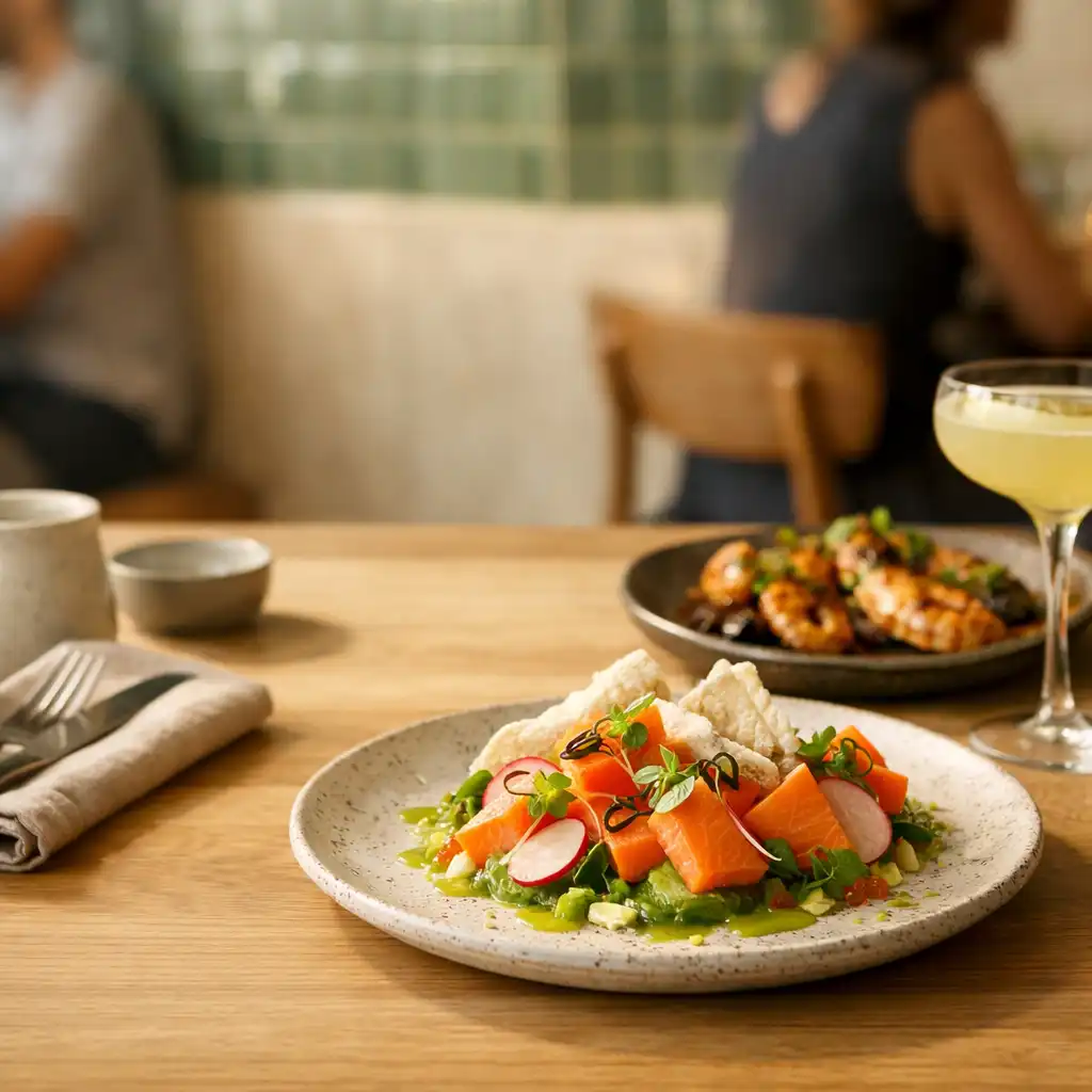 A colourful contemporary dish and cocktail on a light timber restaurant table.