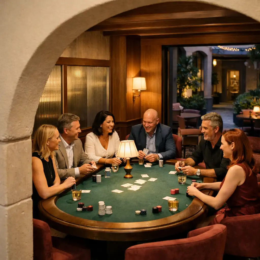 The Card Lounge prepared for a Texas Hold’em evening in warm light.