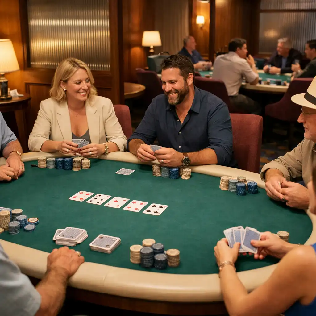 People seated around a full jade-felt poker table in a warmly lit Card Lounge.