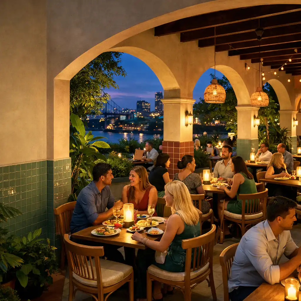 A blue-hour restaurant courtyard with tiled walls, greenery, warm lamps and guests in conversation.